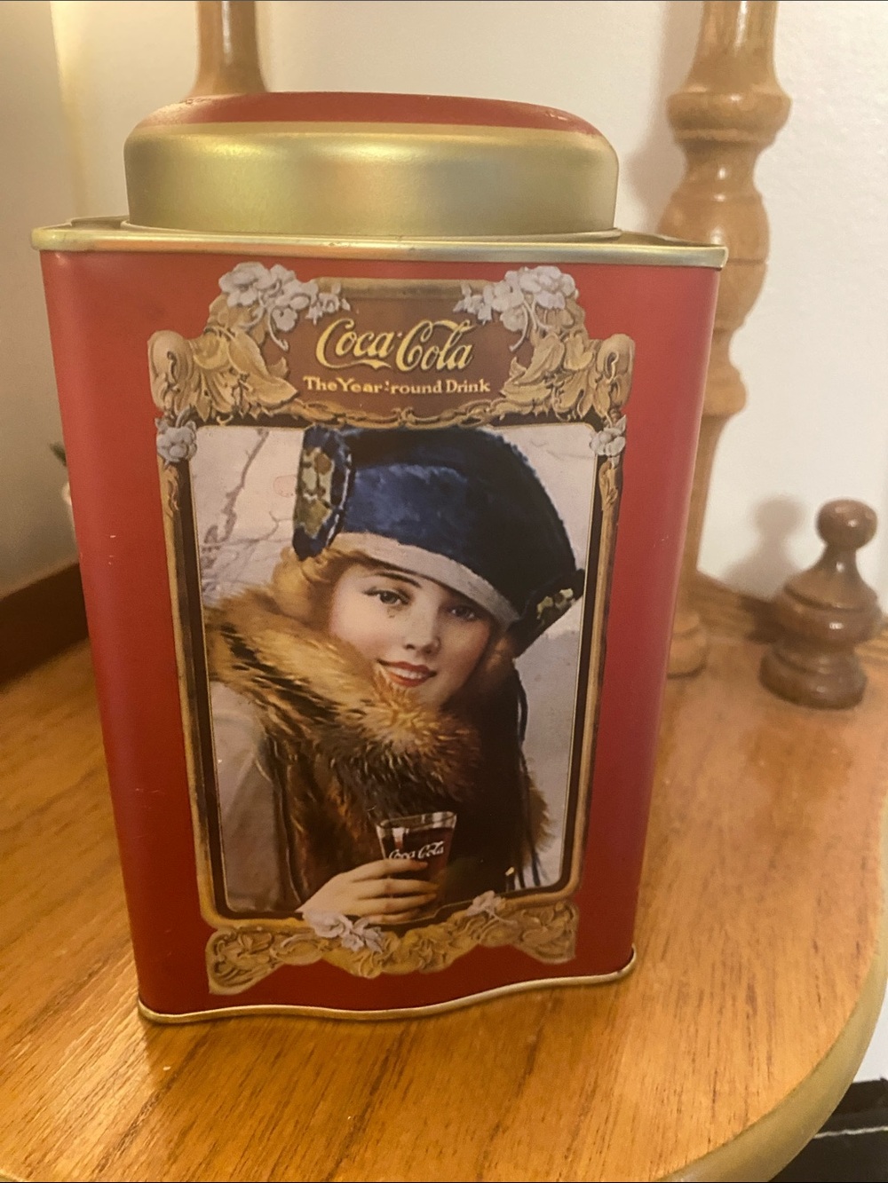 Coca Cola Red and Gold Decorative Tin with Vintage Illustration